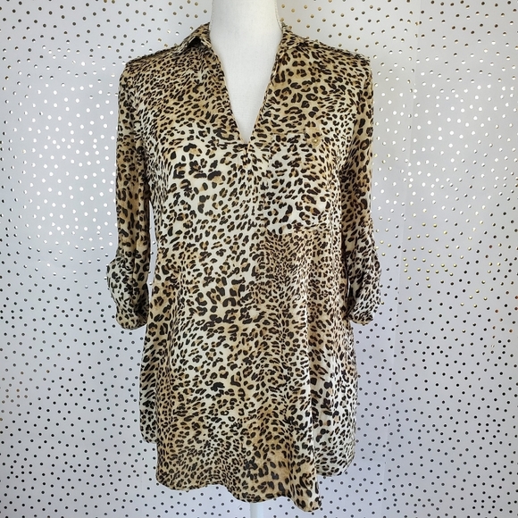 Zara Basic Leopard Tab Sleeve Popover Top - Picture 1 of 10